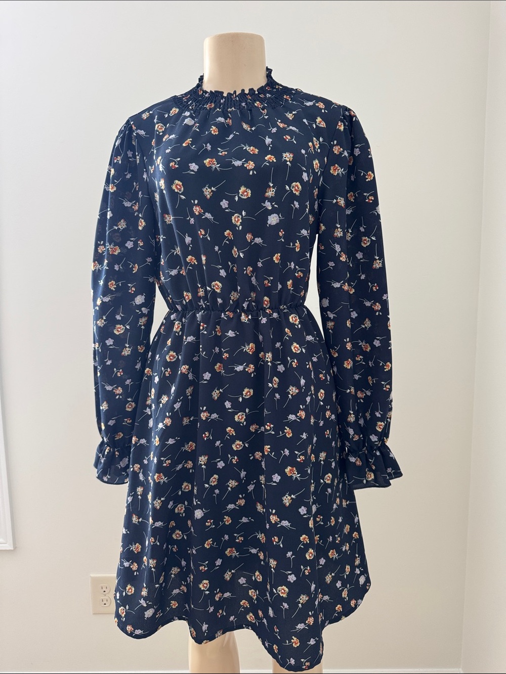Long Sleeve Navy Floral Smocked Neck Dress